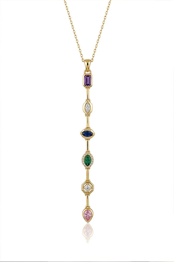Renkli Taşlı Süzme Altın Kaplama Kadın Gümüş Kolye 