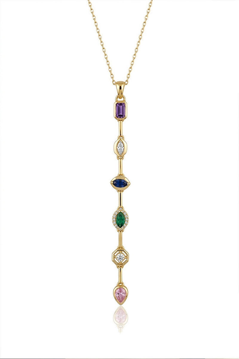 Renkli Taşlı Süzme Altın Kaplama Kadın Gümüş Kolye - 1
