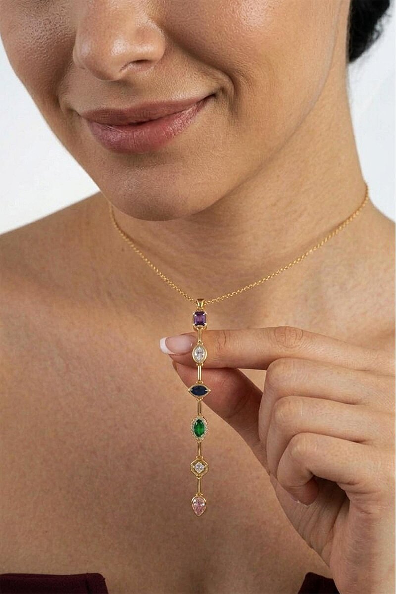 Renkli Taşlı Süzme Altın Kaplama Kadın Gümüş Kolye - 4