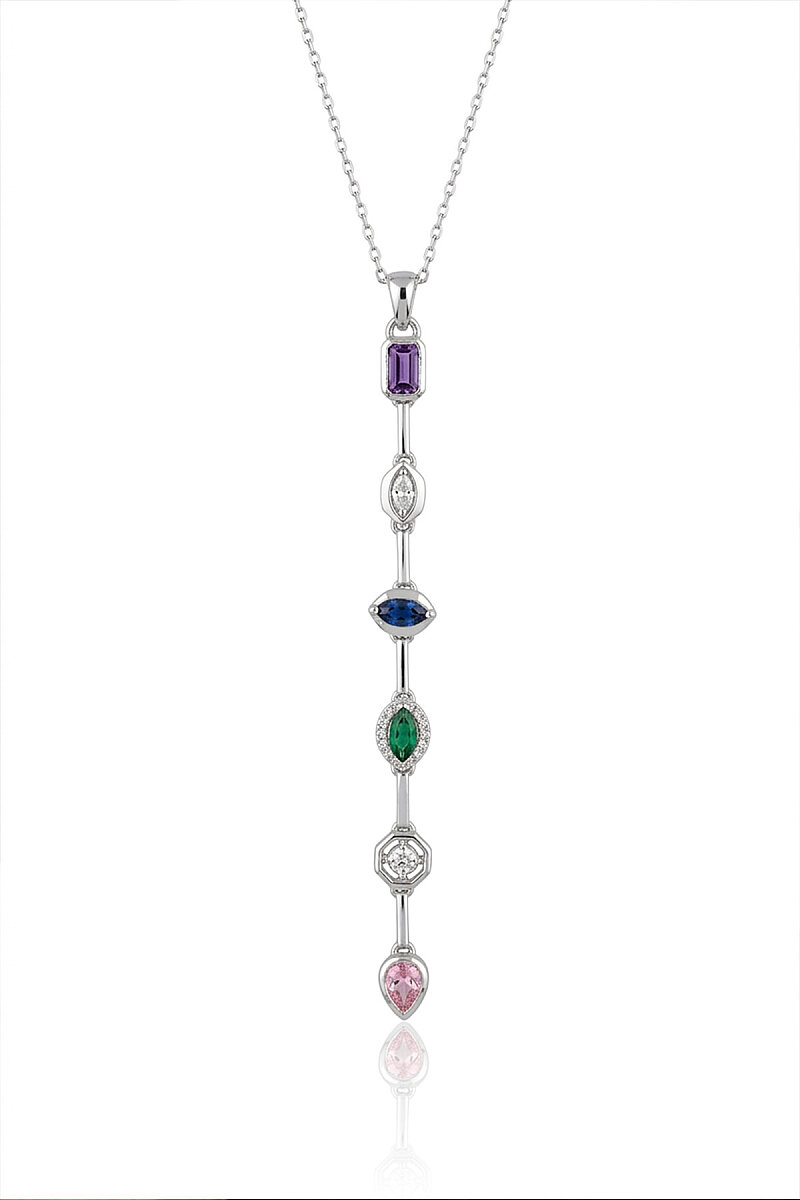 Renkli Taşlı Süzme Kadın Gümüş Kolye - 1