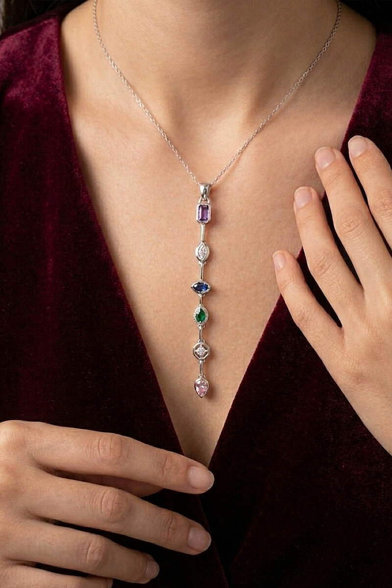 Renkli Taşlı Süzme Kadın Gümüş Kolye - 2