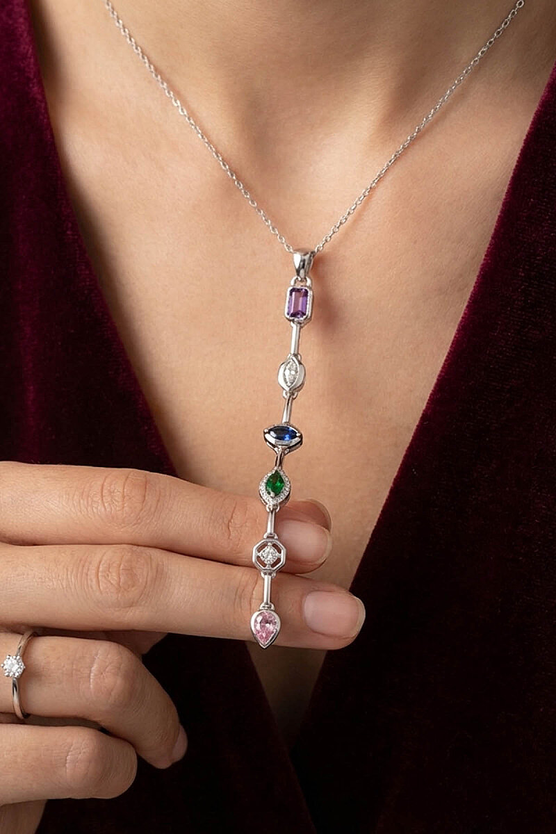 Renkli Taşlı Süzme Kadın Gümüş Kolye - 3
