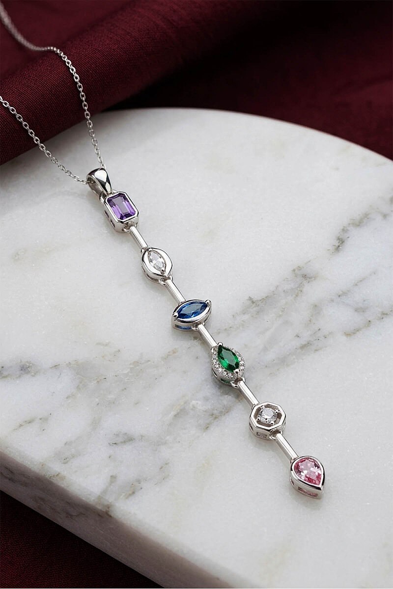 Renkli Taşlı Süzme Kadın Gümüş Kolye - 4