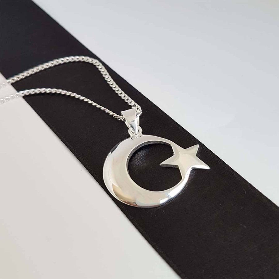 Gümüş Pazarım - Rhodium Plated Moon and Star Silver Men's Necklace