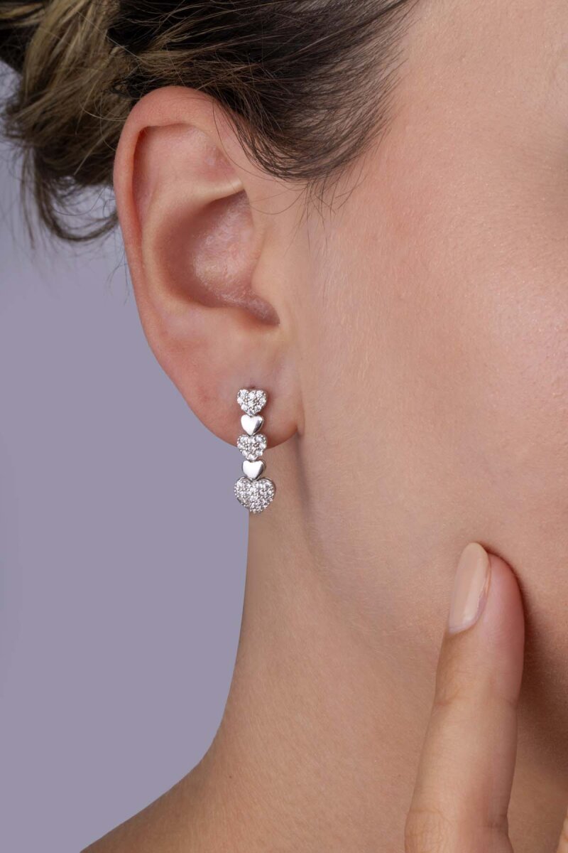 Rodyum Kaplama 925 Ayar Gümüş Kalpli Süzme Su Yolu Gümüş Küpe - 3