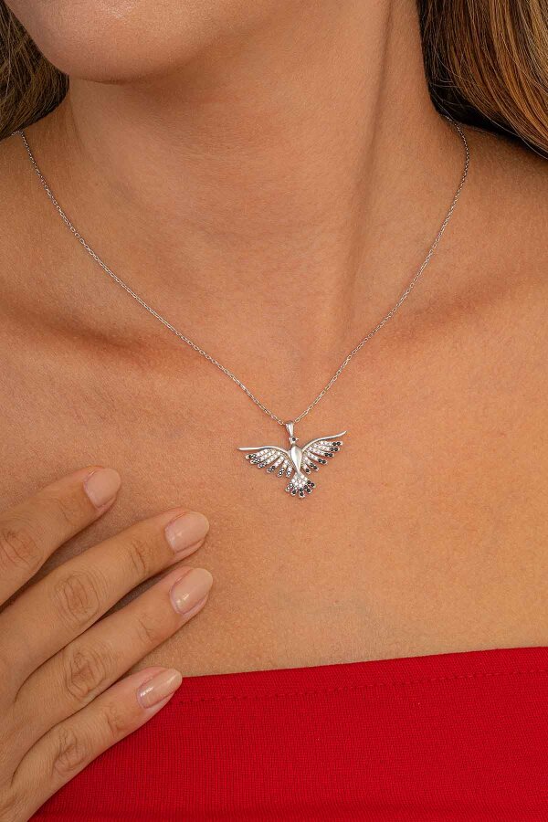 Siyah Taşlı Anka Kuşu Gümüş Kolye - Gümüş Pazarım