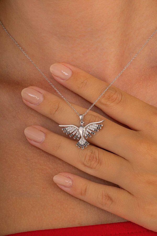 Siyah Taşlı Anka Kuşu Gümüş Kolye - Gümüş Pazarım