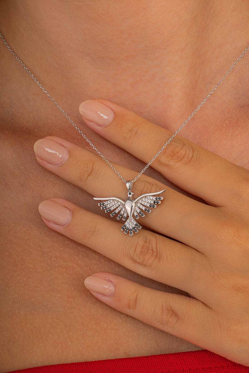 Siyah Taşlı Anka Kuşu Gümüş Kolye - 1