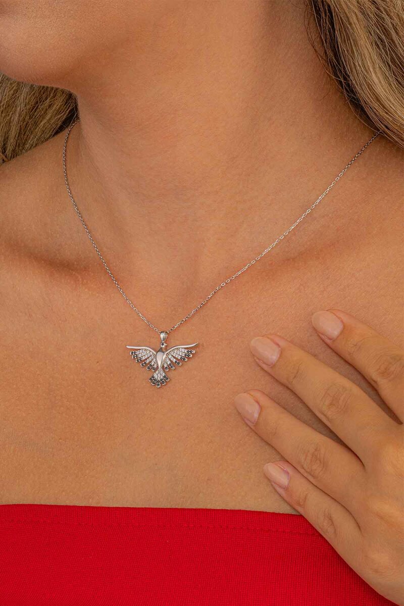 Siyah Taşlı Anka Kuşu Gümüş Kolye - 3