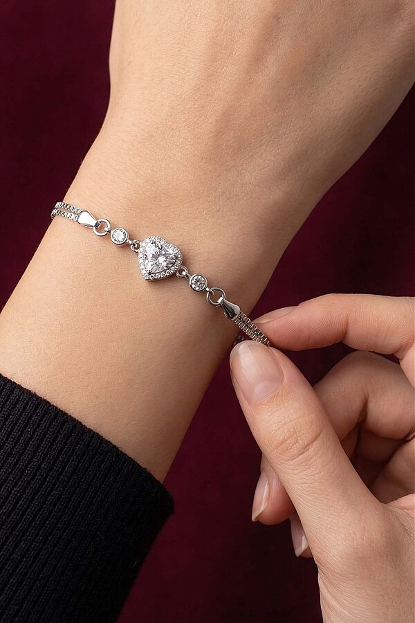 Rodyum Kaplama Kalp Gümüş Su Yolu Bileklik - Gümüş Pazarım