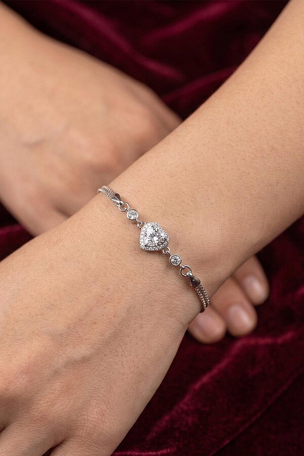 Rodyum Kaplama Kalp Gümüş Su Yolu Bileklik - Gümüş Pazarım