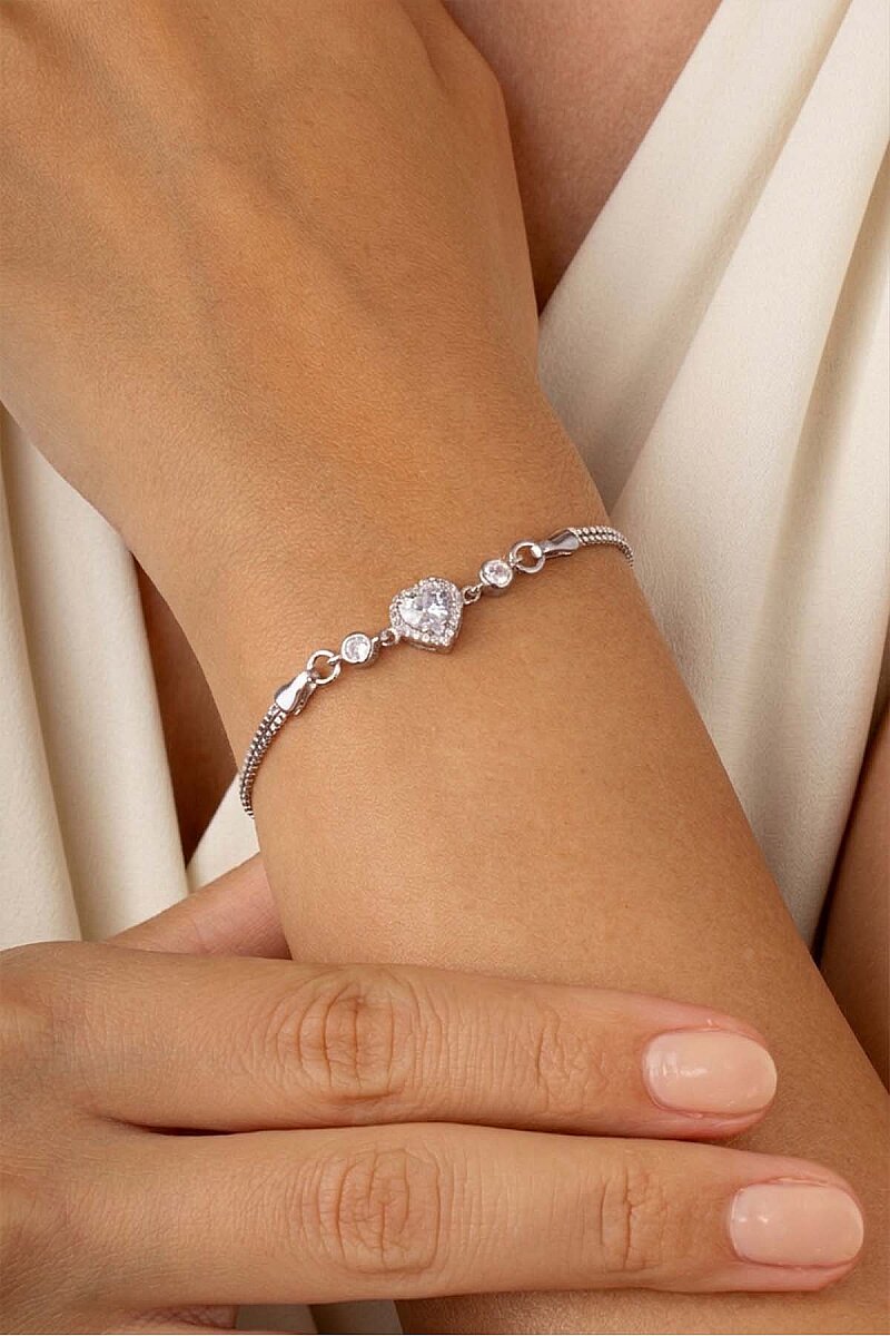 Rodyum Kaplama Kalp Gümüş Su Yolu Bileklik - 2