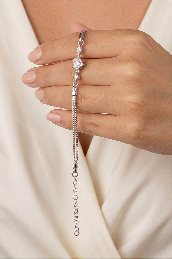 Rodyum Kaplama Kalp Gümüş Su Yolu Bileklik - Gümüş Pazarım