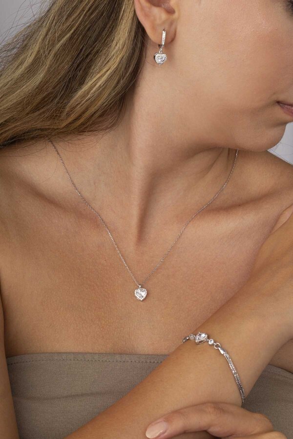 Rodyum Kaplama Kalp Gümüş Üçlü Set - Gümüş Pazarım