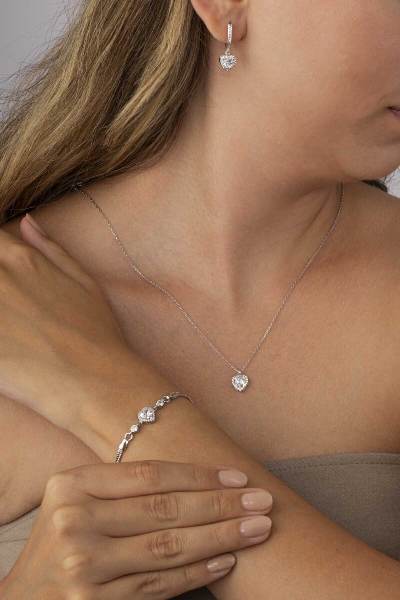 Rodyum Kaplama Kalp Gümüş Üçlü Set - 1