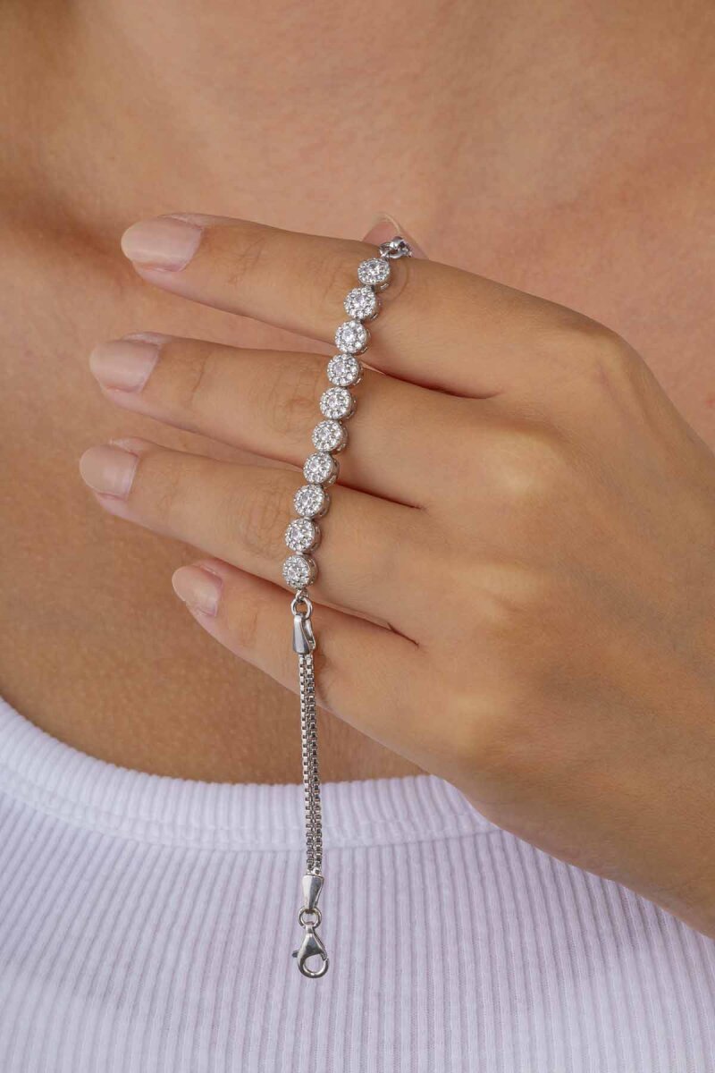 Rodyum Kaplama Yuvarlak Taşlı Gümüş Bileklik - 3