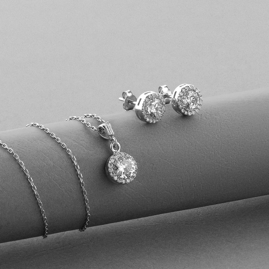 Gümüş Pazarım - Round Cut Solitaire Silver Necklace Earrings