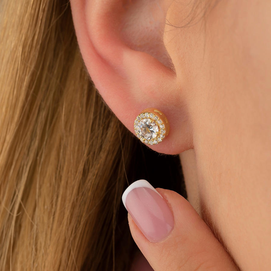 Gümüş Pazarım - Round Stone Gold Plated Solitaire Silver Earrings