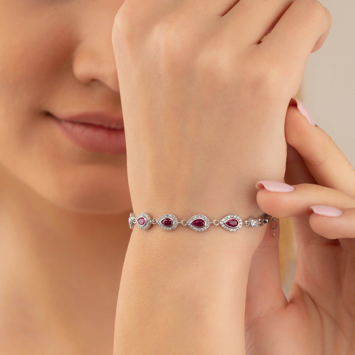 Ruby Color Drop Cut Women's Silver Bracelet