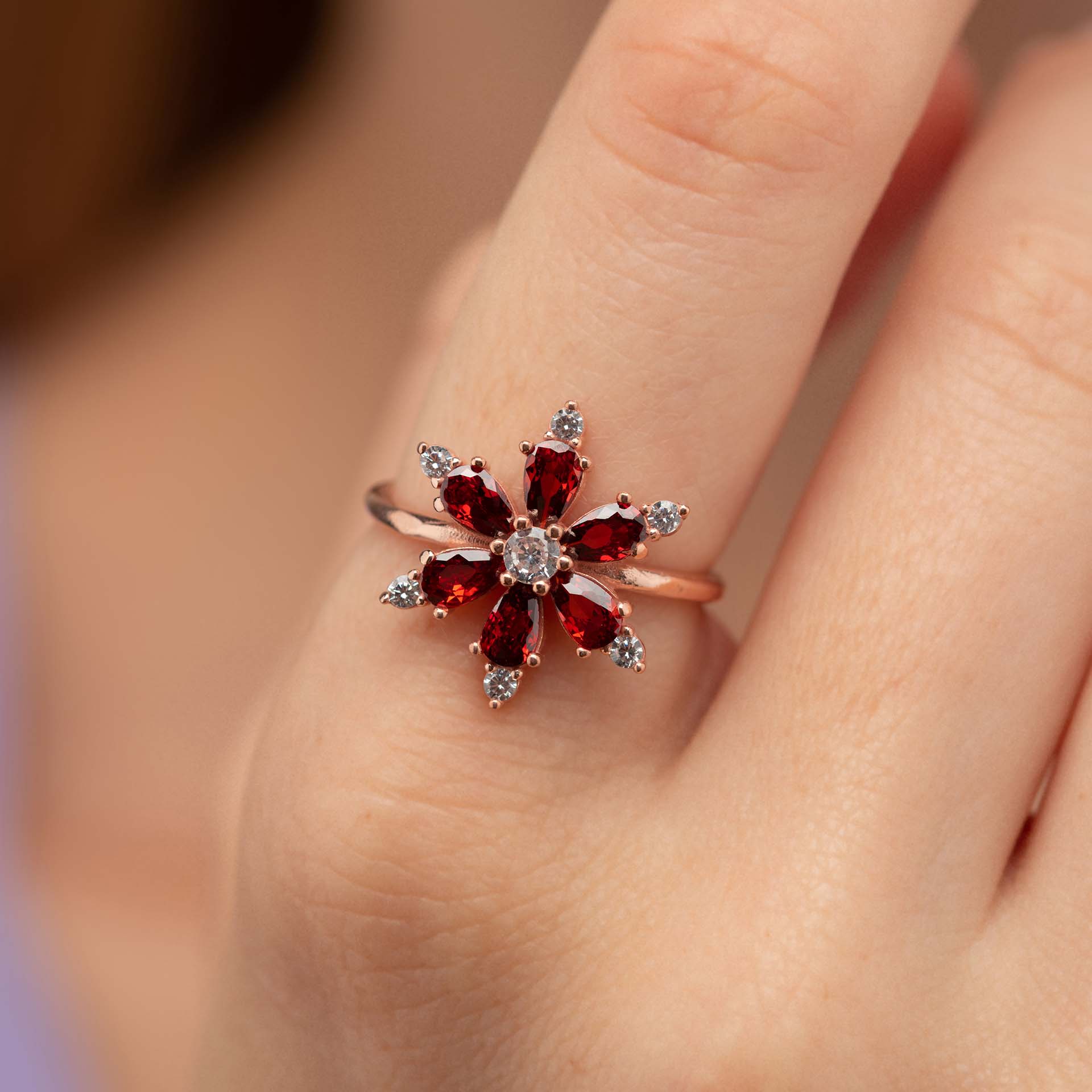 Ruby Colored Aster Flower Silver Ring