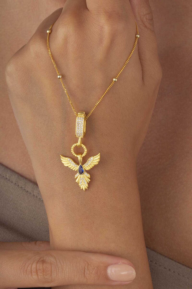 Safir Taşlı Altın Kaplama Anka Kuşu 925 Ayar Gümüş Kolye - 1