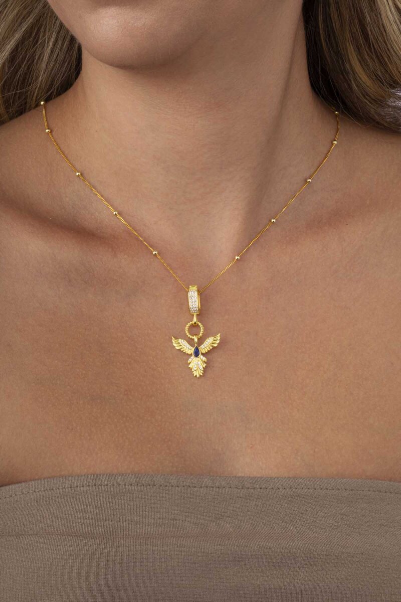 Safir Taşlı Altın Kaplama Anka Kuşu 925 Ayar Gümüş Kolye - 2