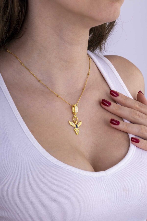 Safir Taşlı Altın Kaplama Anka Kuşu 925 Ayar Gümüş Kolye - Gümüş Pazarım