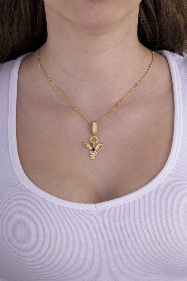 Safir Taşlı Altın Kaplama Anka Kuşu 925 Ayar Gümüş Kolye - Gümüş Pazarım