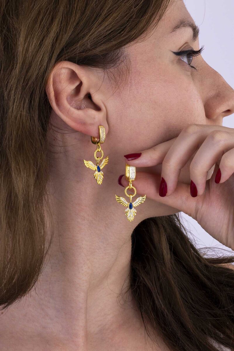 Safir Taşlı Altın Kaplama Anka Kuşu 925 Ayar Gümüş Küpe - 2