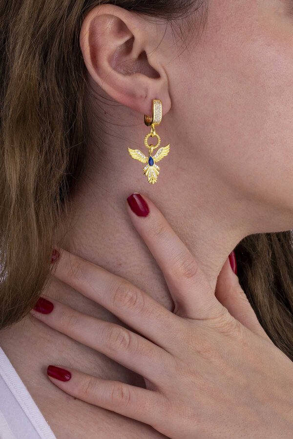 Safir Taşlı Altın Kaplama Anka Kuşu 925 Ayar Gümüş Küpe - Gümüş Pazarım