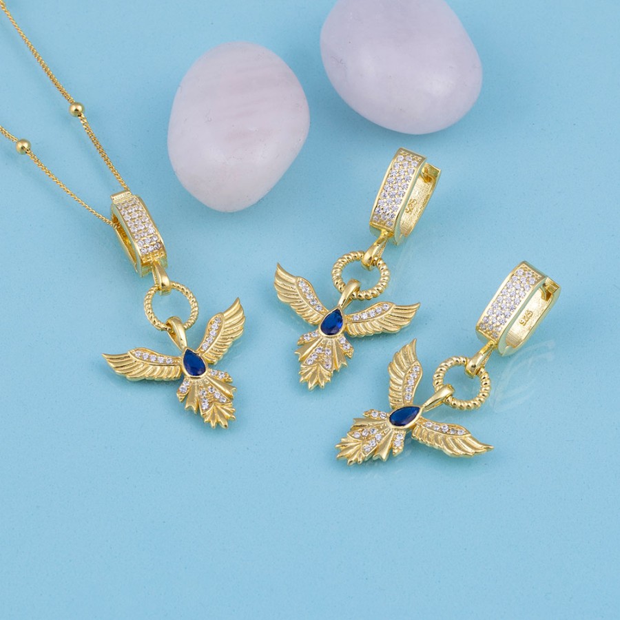 Gümüş Pazarım - Safir Taşlı Altın Kaplama Anka Kuşu 925 Ayar Gümüş Set