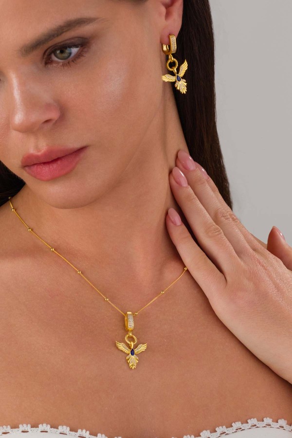 Safir Taşlı Altın Kaplama Anka Kuşu 925 Ayar Gümüş Set - Gümüş Pazarım