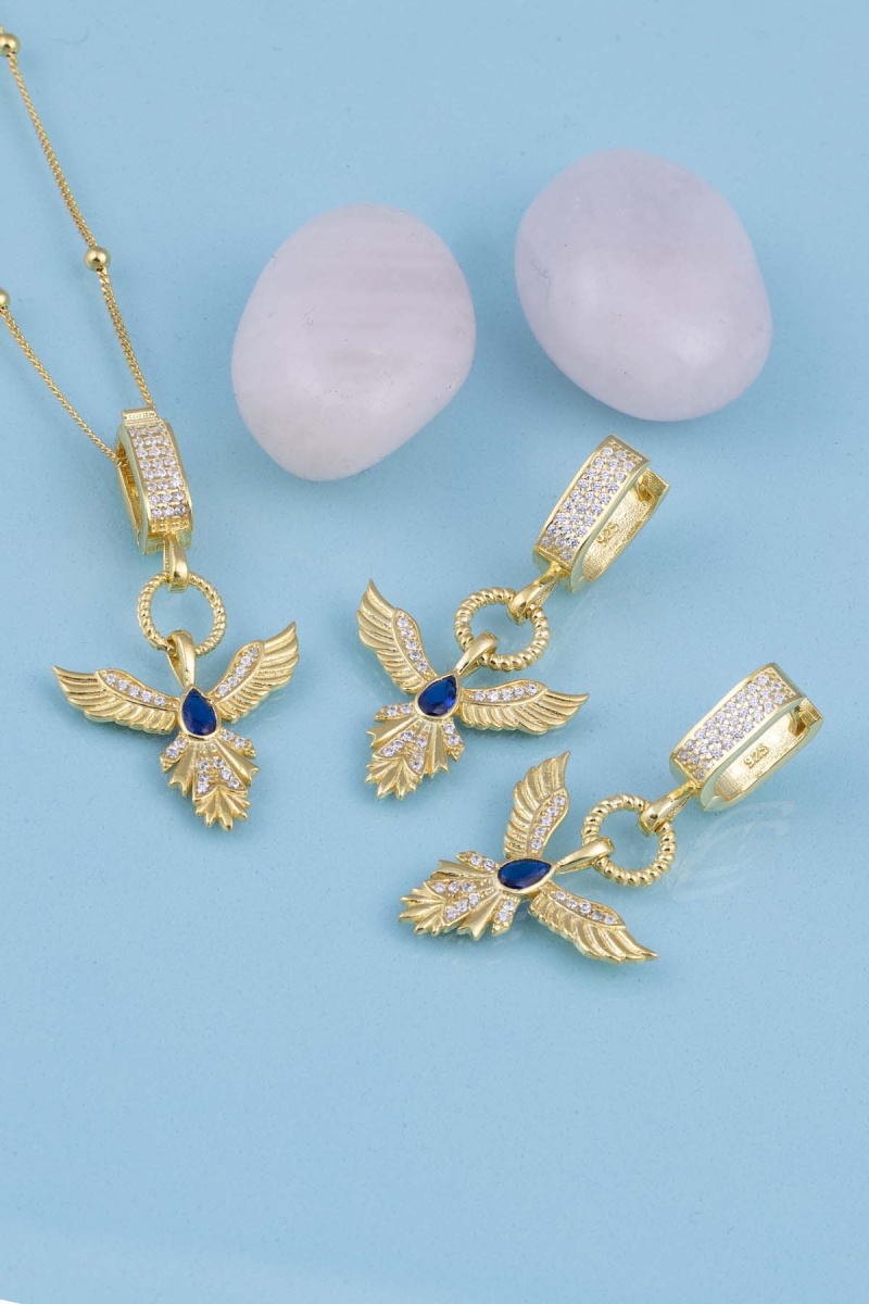 Safir Taşlı Altın Kaplama Anka Kuşu 925 Ayar Gümüş Set - 2