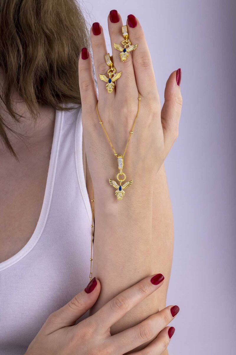 Safir Taşlı Altın Kaplama Anka Kuşu 925 Ayar Gümüş Set - 2