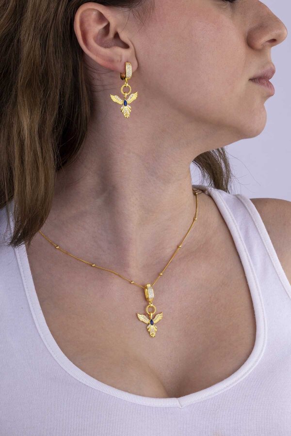 Safir Taşlı Altın Kaplama Anka Kuşu 925 Ayar Gümüş Set 