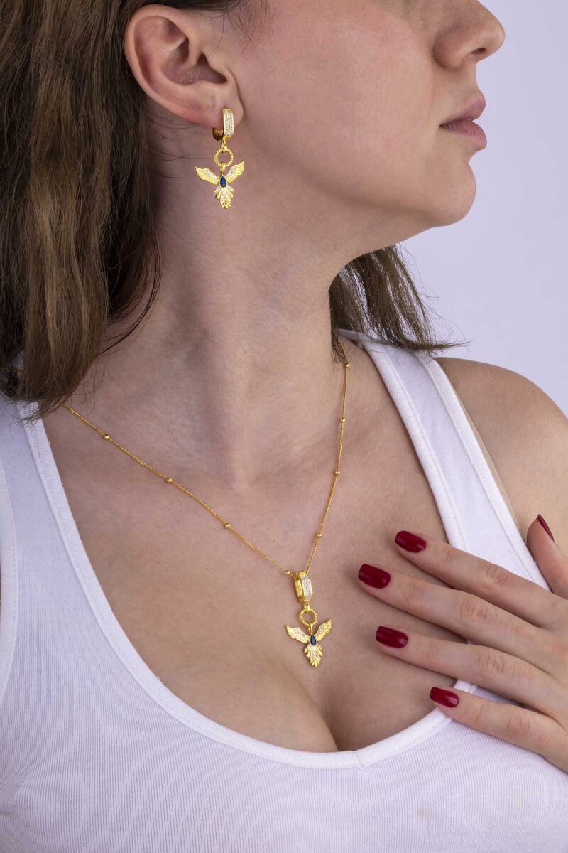 Safir Taşlı Altın Kaplama Anka Kuşu 925 Ayar Gümüş Set - 3