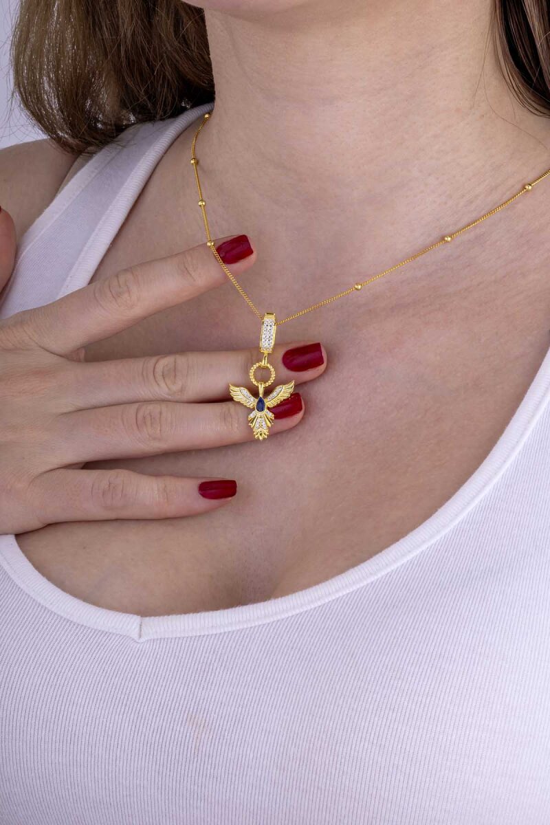 Safir Taşlı Altın Kaplama Anka Kuşu 925 Ayar Gümüş Set - 4