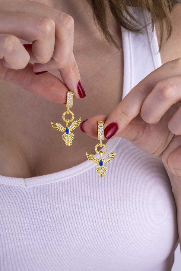 Safir Taşlı Altın Kaplama Anka Kuşu 925 Ayar Gümüş Set - Gümüş Pazarım