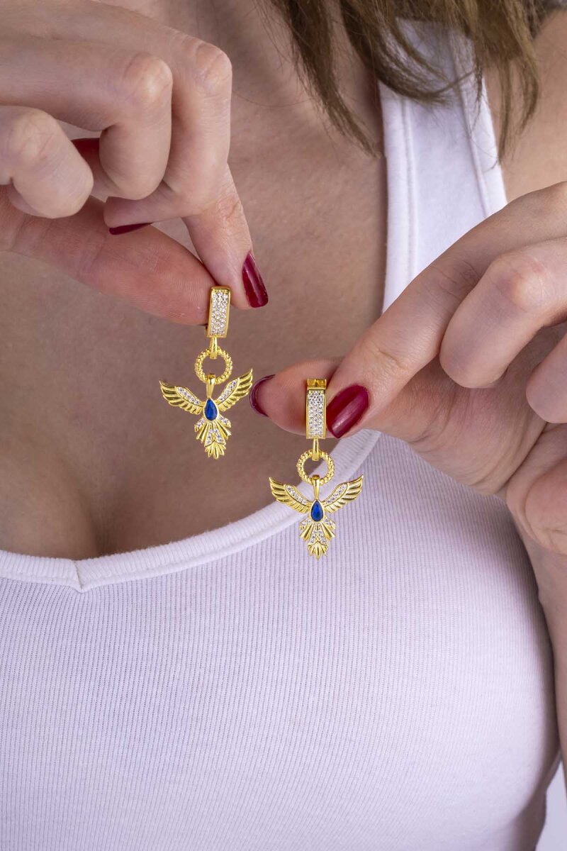 Safir Taşlı Altın Kaplama Anka Kuşu 925 Ayar Gümüş Set - 5