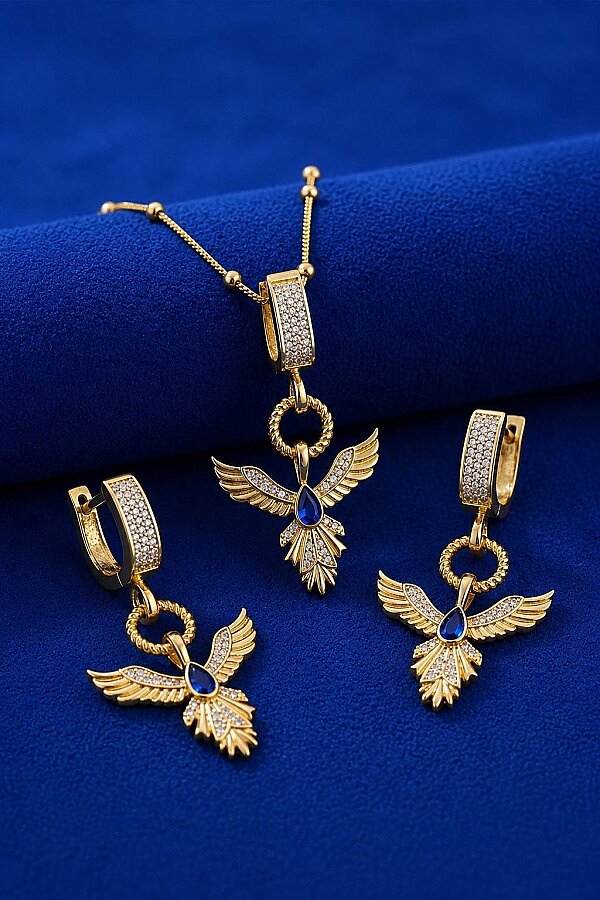 Safir Taşlı Altın Kaplama Anka Kuşu 925 Ayar Gümüş Set - Gümüş Pazarım