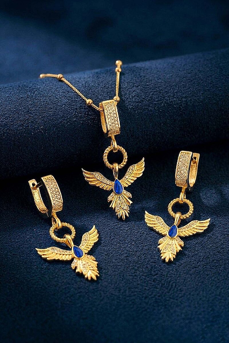 Safir Taşlı Altın Kaplama Anka Kuşu 925 Ayar Gümüş Set - 1