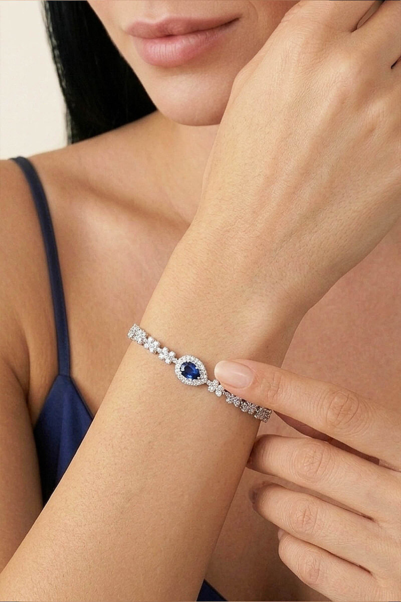 Safir Taşlı Damla Motifli Rodyum Kaplama Gümüş Bileklik - 1