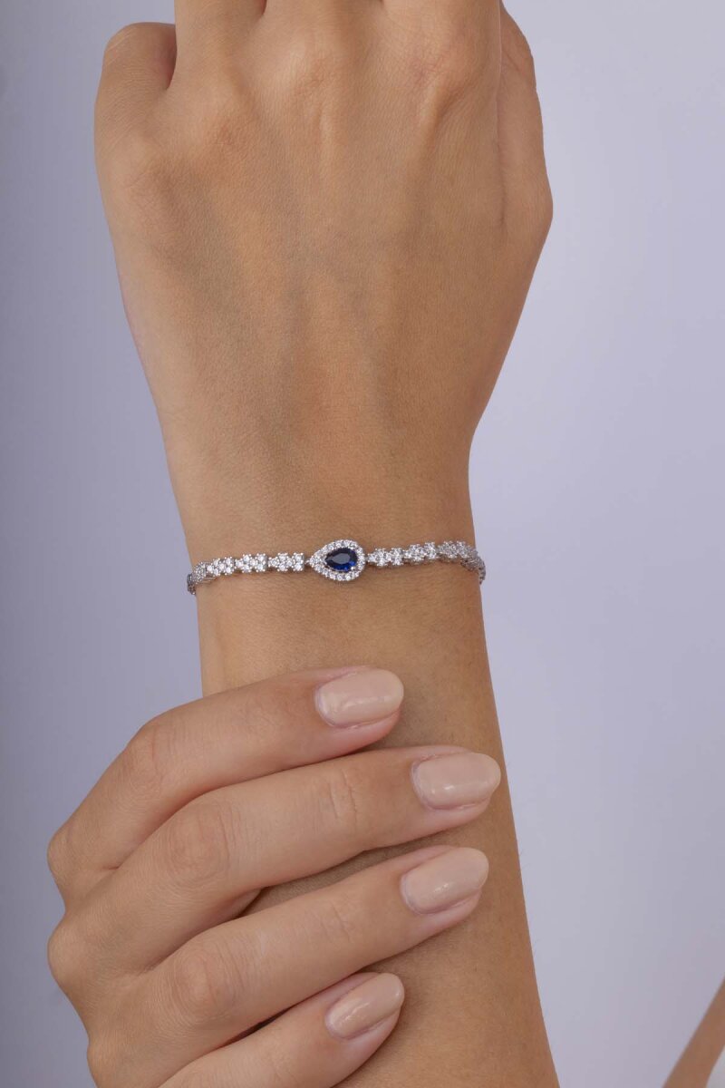 Safir Taşlı Damla Motifli Rodyum Kaplama Gümüş Bileklik - 1