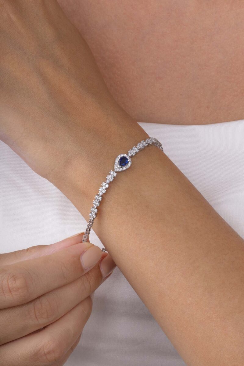 Safir Taşlı Damla Motifli Rodyum Kaplama Gümüş Bileklik - 2