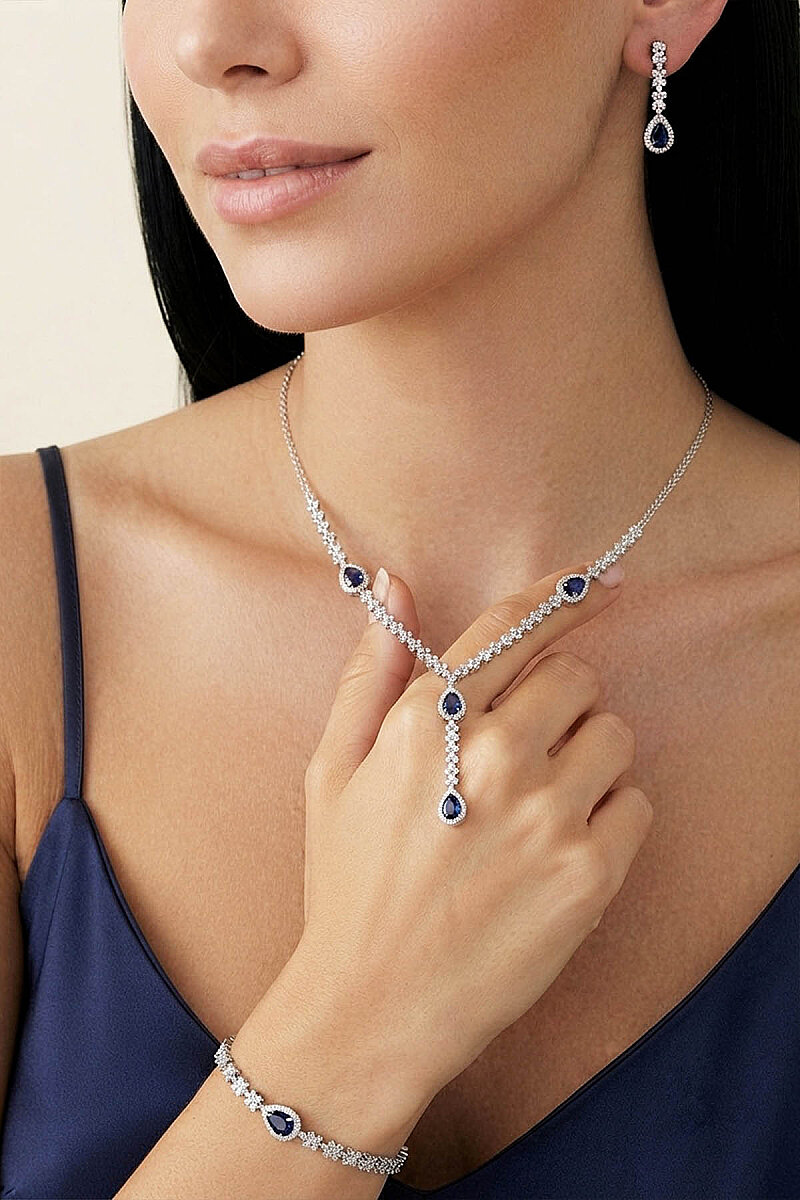 Safir Taşlı Damla Motifli Rodyum Kaplama Gümüş Düğün Seti - 2