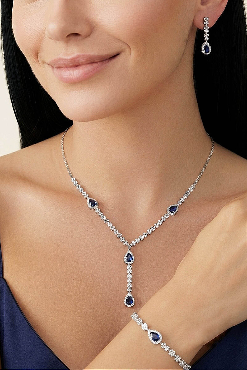 Safir Taşlı Damla Motifli Rodyum Kaplama Gümüş Düğün Seti - 3