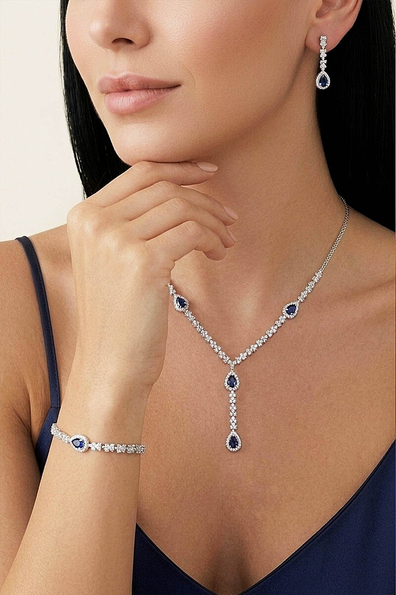 Safir Taşlı Damla Motifli Rodyum Kaplama Gümüş Düğün Seti - 1