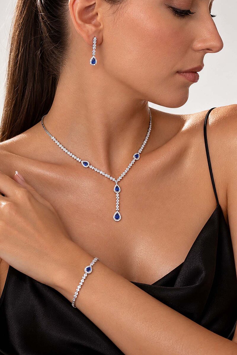 Safir Taşlı Damla Motifli Rodyum Kaplama Gümüş Düğün Seti - 1