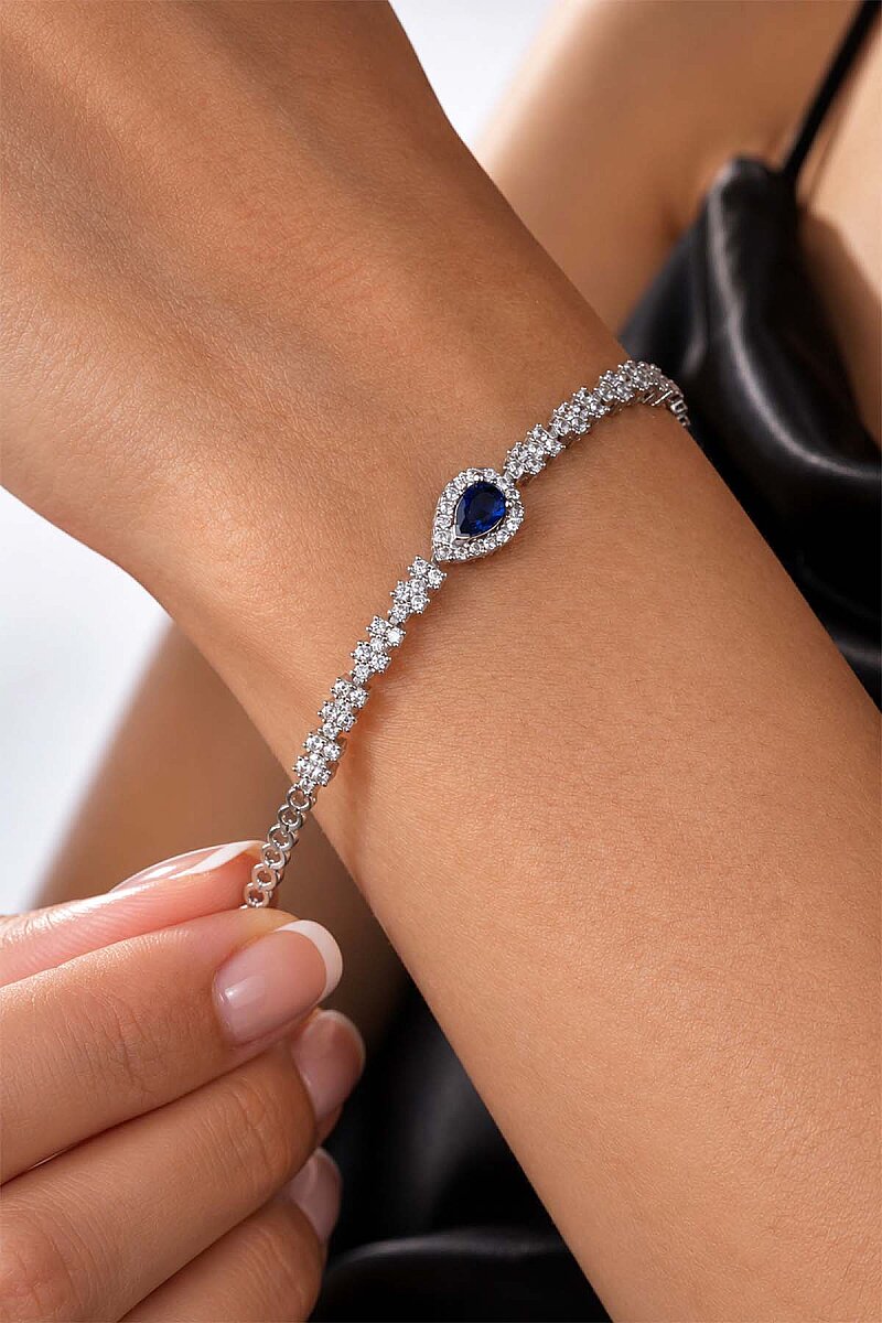Safir Taşlı Damla Motifli Rodyum Kaplama Gümüş Düğün Seti - 5