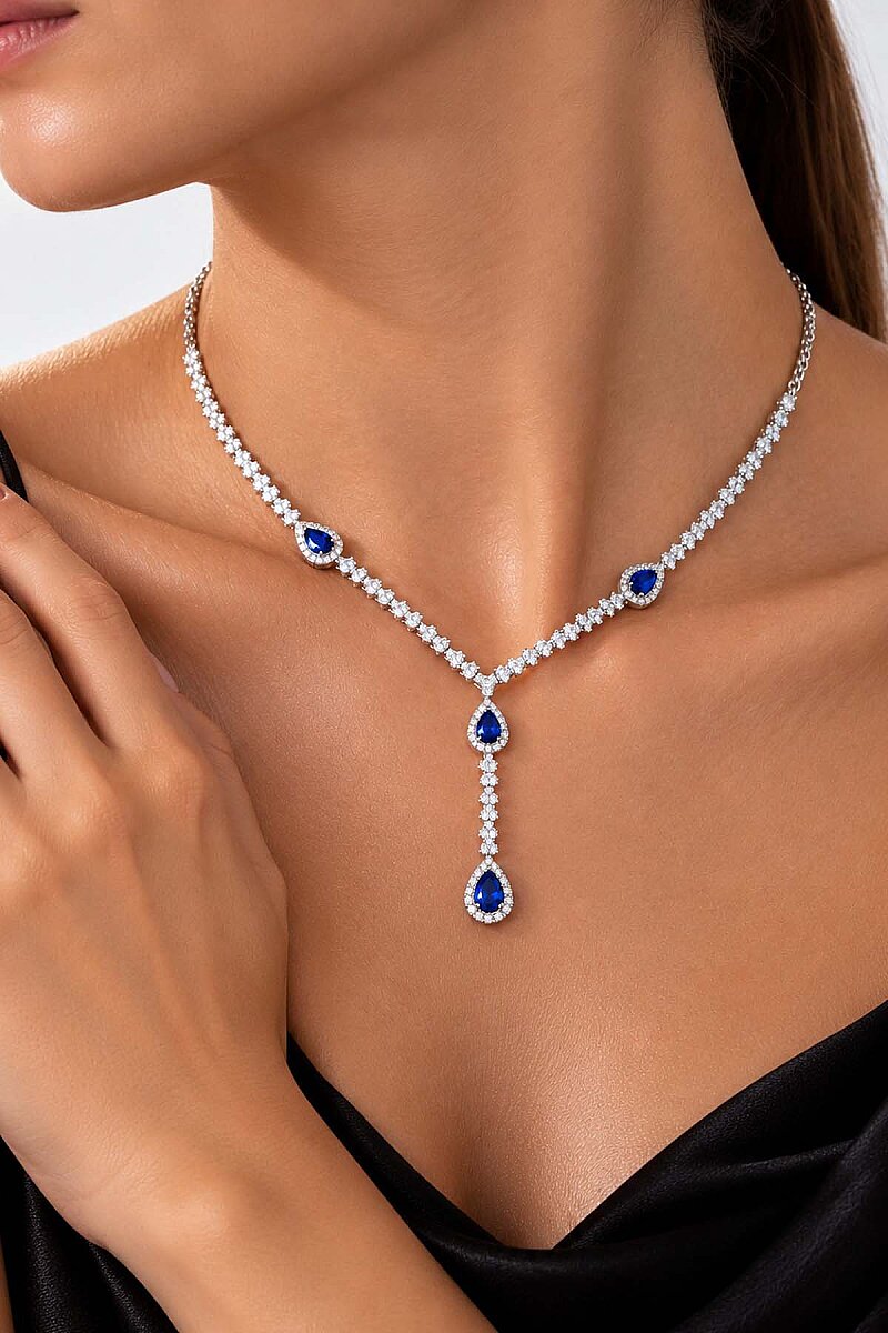 Safir Taşlı Damla Motifli Rodyum Kaplama Gümüş Düğün Seti - 6